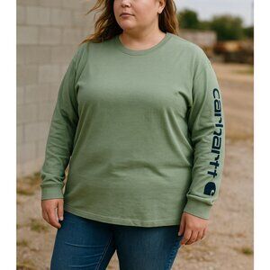 Carhartt Womens 2X Plus Loose Fit Long Sleeve Logo Tee Sage Green Workwear